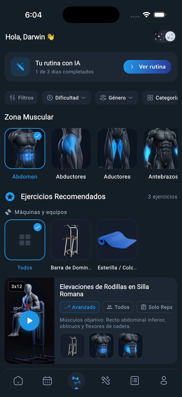 Entrenador virtual IA con videos de rutinas y registro de peso