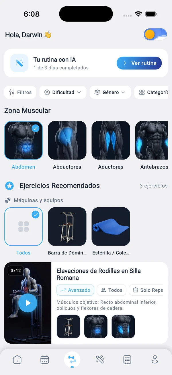Entrenador virtual IA con videos de rutinas y registro de peso
